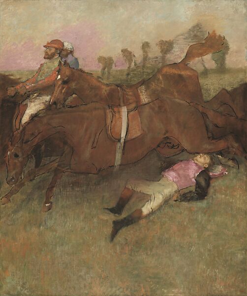 Scene from the Steeplechase: The Fallen Jockey, Edgar Degas (French, Paris 1834–1917 Paris), Oil on canvas 