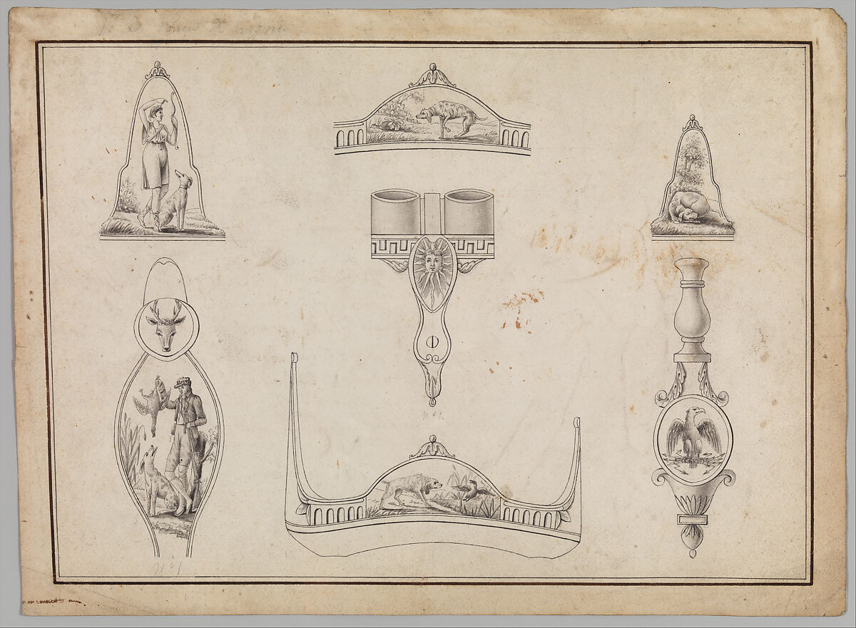 Drawing with Seven Designs for Firearms Ornament, Jean-Francois Lucas (French, 1747–1825), Pen and black ink, with gray wash and traces of graphite, on paper, French 