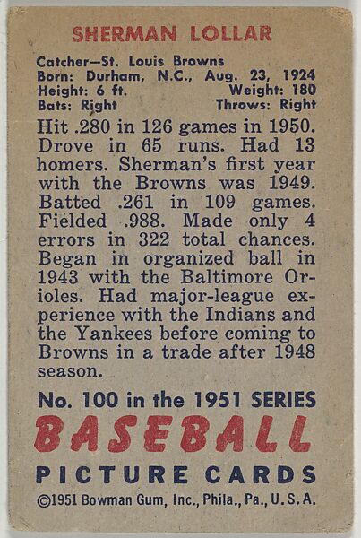 Sherman Lollar, Catcher, St. Louis Browns, from Picture Cards, series 5 (R406-5) issued by Bowman Gum, Issued by Bowman Gum Company, Commercial color lithograph