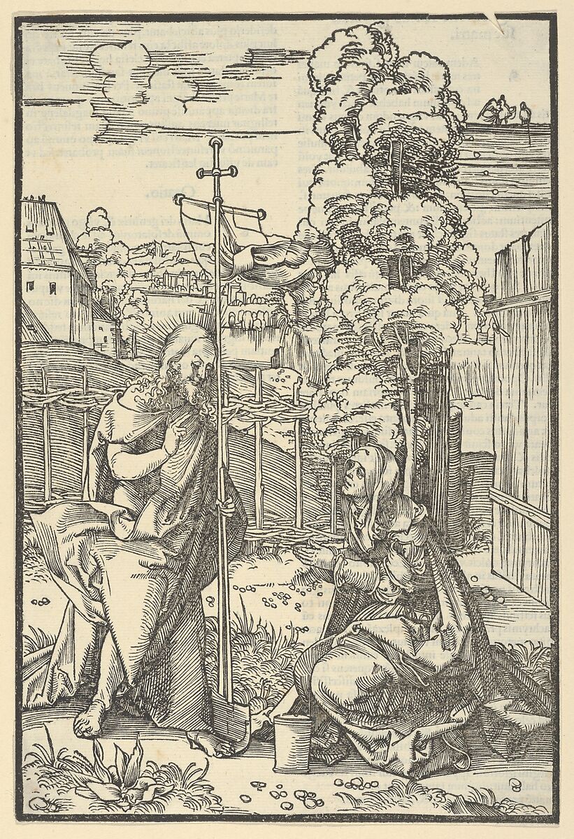 Christ Appearing to Mary Magdalen (Noli Me Tangere), from Speculum passionis domini nostri Ihesu Christi, Hans Schäufelein (German, Nuremberg ca. 1480–ca. 1540 Nördlingen), Woodcut 