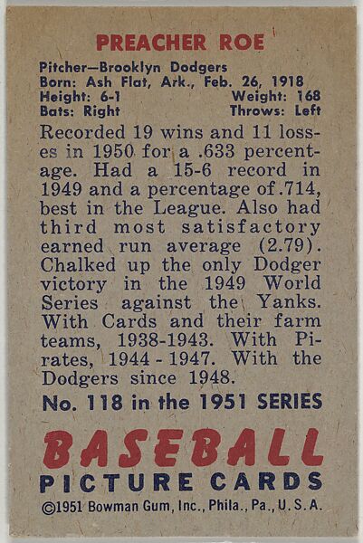Preacher Roe, Pitcher, Brooklyn Dodgers, from Picture Cards, series 5 (R406-5) issued by Bowman Gum, Issued by Bowman Gum Company, Commercial color lithograph