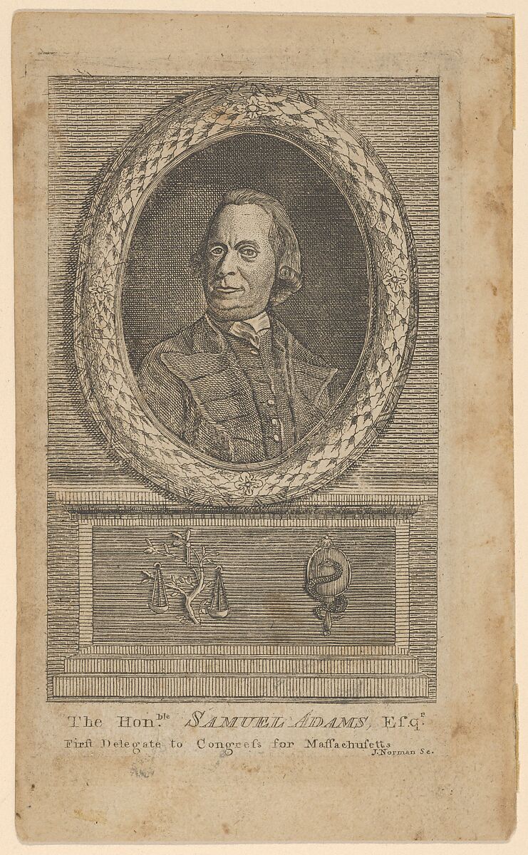 The Honorable Samuel Adams, Esq., First Delegate to Congress from Massachusetts, John Norman (American (born England), ca. 1748–1817 Boston, Massachusetts), Engraving and stipple 