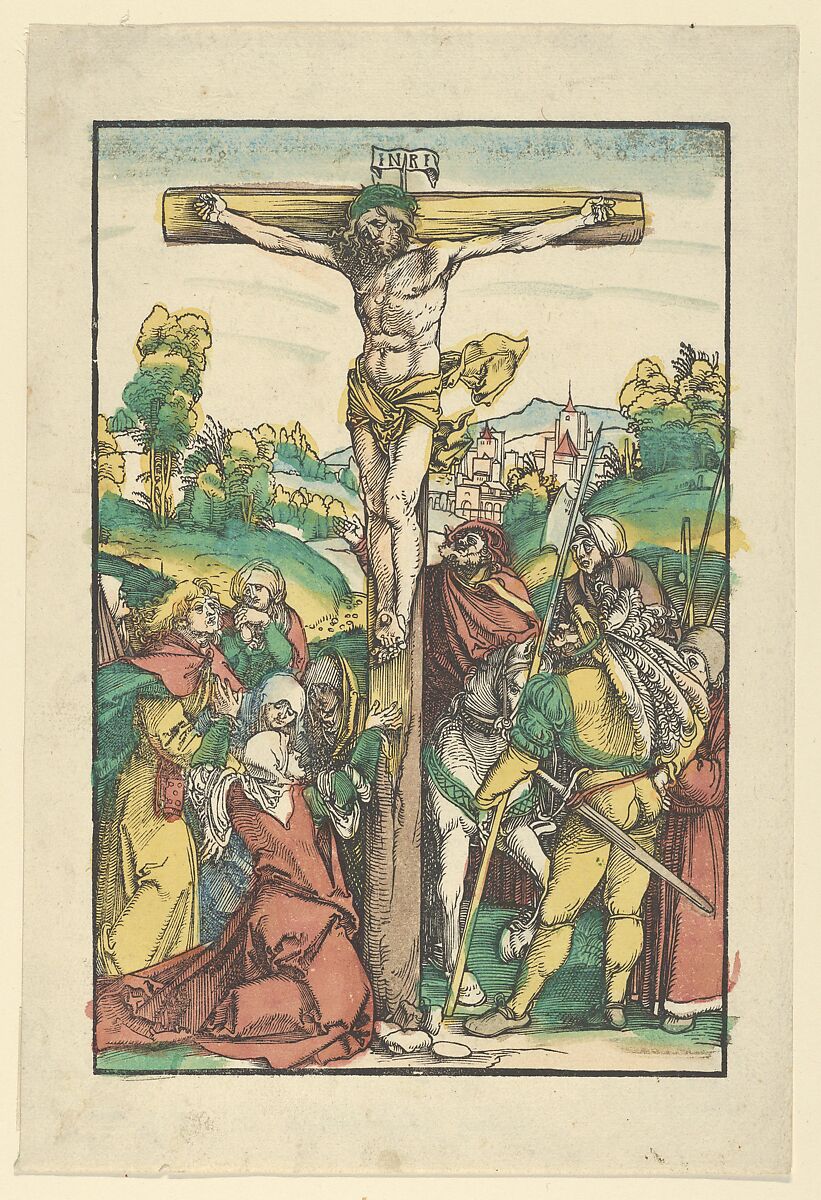 The Crucifixion (restrike?), Hans Schäufelein (German, Nuremberg ca. 1480–ca. 1540 Nördlingen), Woodcut (hand-colored, possibly a later restrike) 