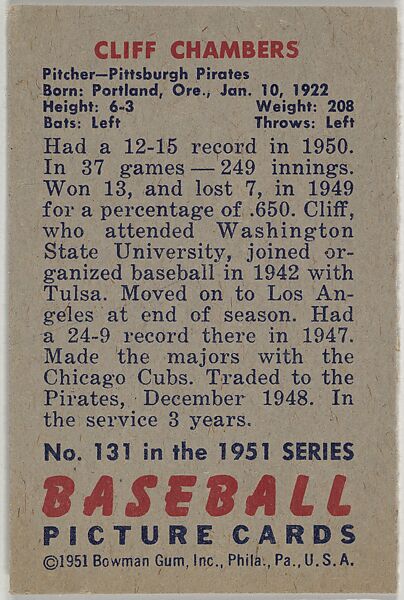 Cliff Chambers, Pitcher, Pittsburgh Pirates, from Picture Cards, series 5 (R406-5) issued by Bowman Gum, Issued by Bowman Gum Company, Commercial color lithograph