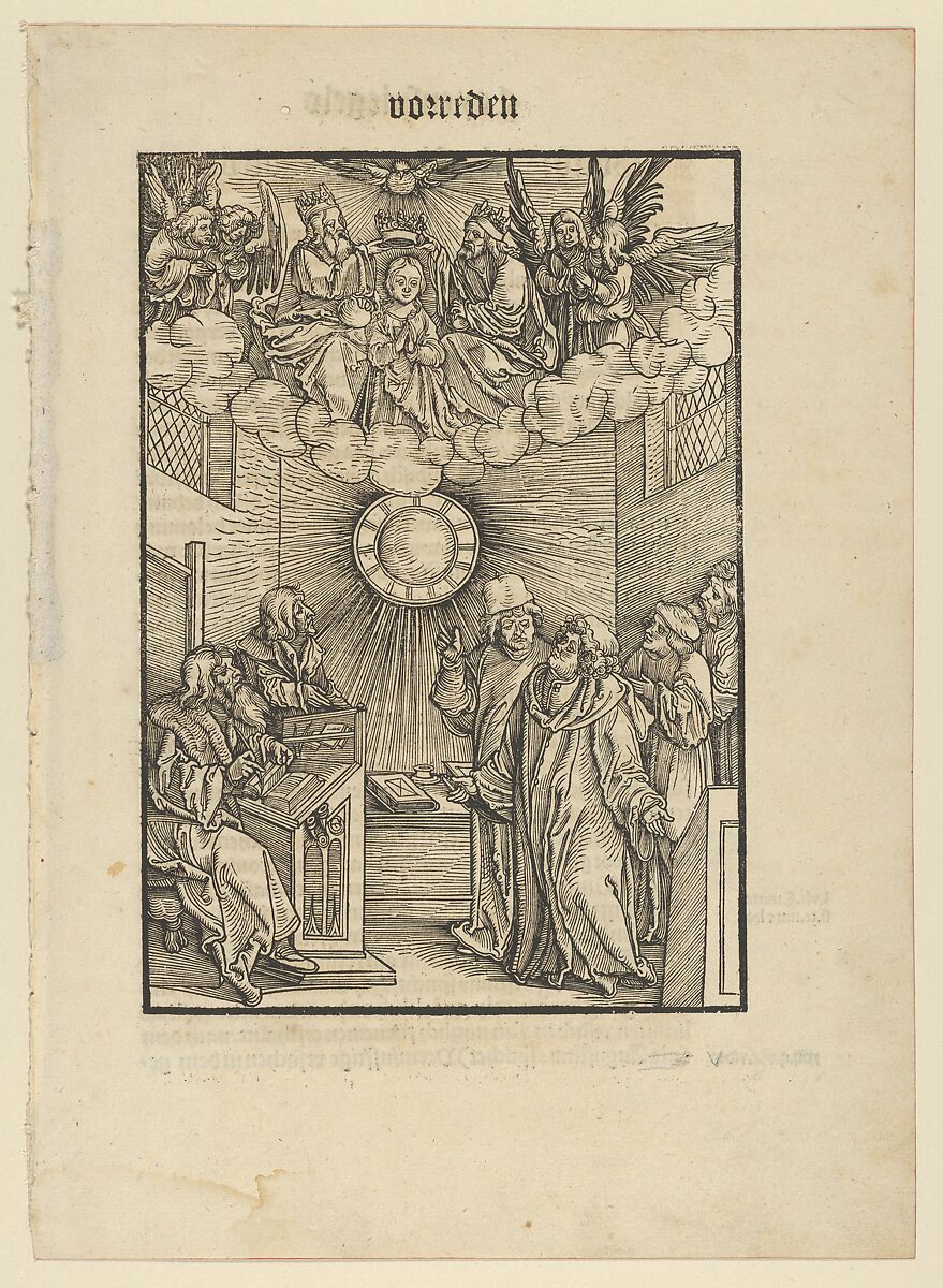 The Author Writing the Layenspiegel; The Trinity and the Virgin at the Upper Center, from "Der Neue Layenspiegel", Hans Schäufelein (German, Nuremberg ca. 1480–ca. 1540 Nördlingen), Woodcut 