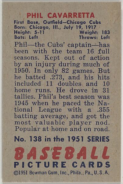 Phil Cavarretta, 1st Base, Outfield, Chicago Cubs, from Picture Cards, series 5 (R406-5) issued by Bowman Gum, Issued by Bowman Gum Company, Commercial color lithograph
