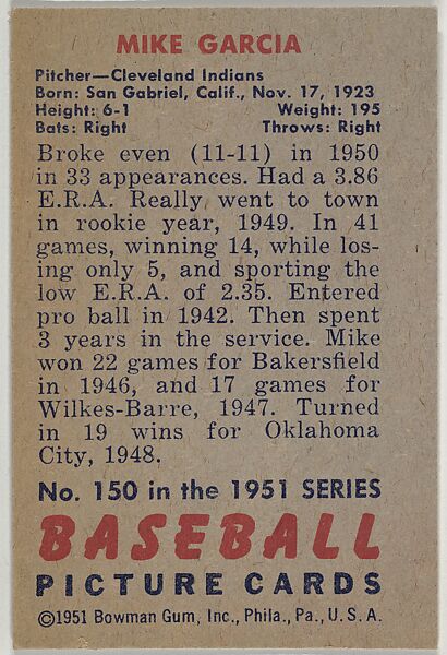 Mike Garcia, Pitcher, Cleveland Indians, from Picture Cards, series 5 (R406-5) issued by Bowman Gum, Issued by Bowman Gum Company, Commercial color lithograph