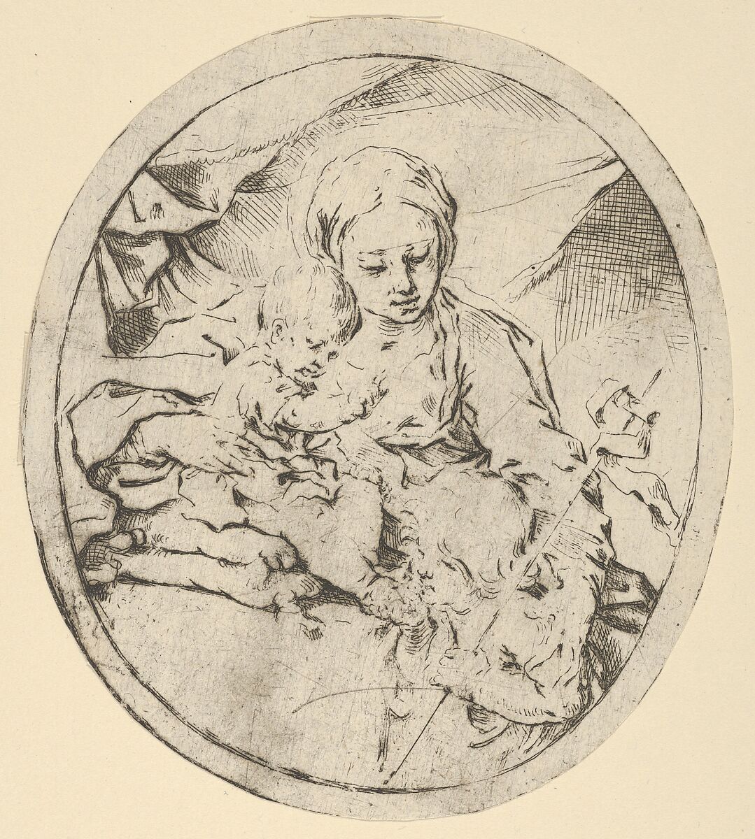The Virgin with the infant Christ seated on a cushion and the young Saint John the Baptist at his feet, an oval composition, Guido Reni (Italian, Bologna 1575–1642 Bologna), Etching 