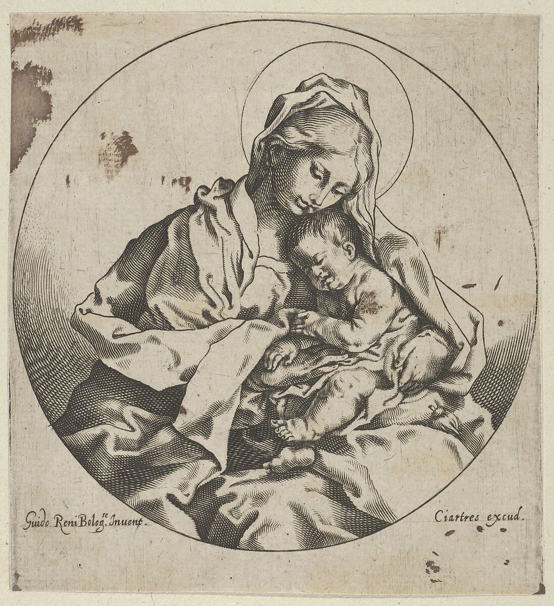 The Virgin holding the infant Christ, a circular composition, after Reni, Anonymous, 17th century, Engraving 