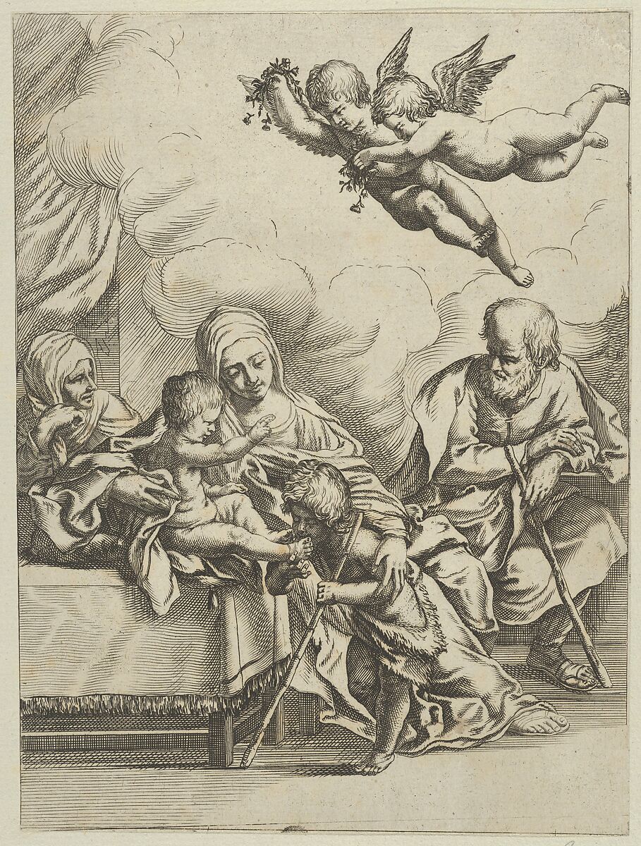 The Holy Family with young John the Baptist and Saint Elizabeth, two angels above, after Reni, Anonymous, 17th century, Etching 