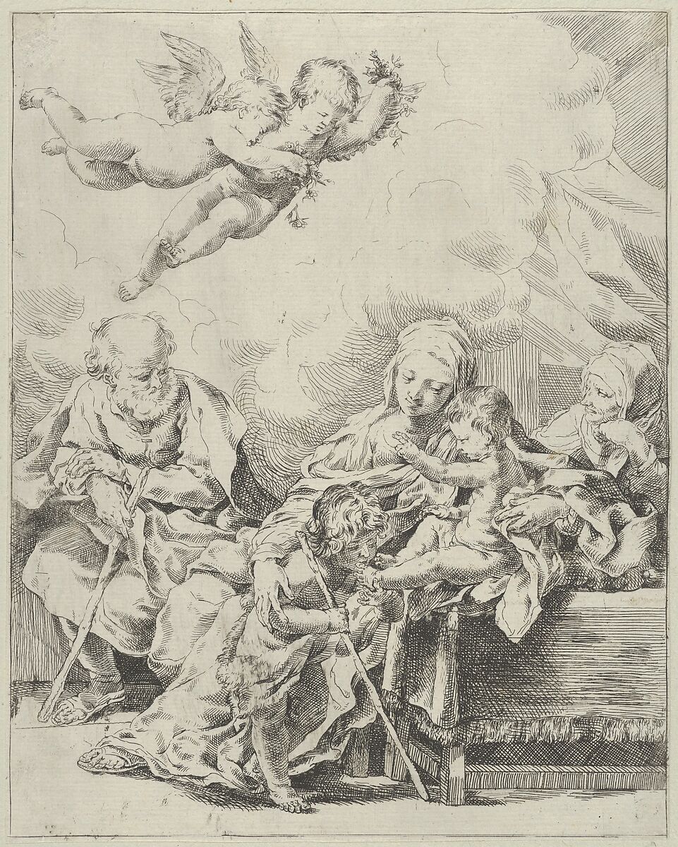 The Holy Family with young John the Baptist and Saint Elizabeth, two angels above, after Reni, Anonymous, 17th century, Etching 