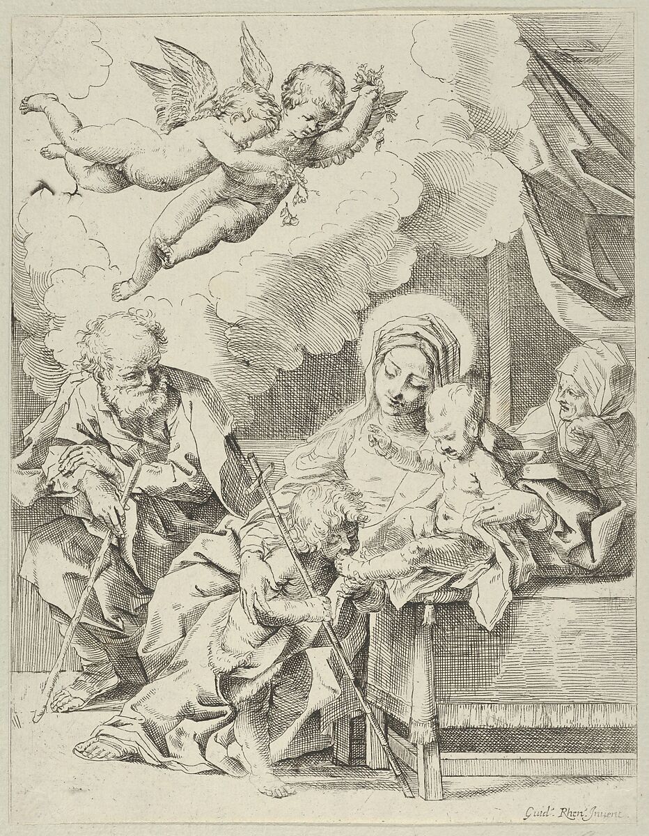 The Holy Family with young John the Baptist and Saint Elizabeth, two angels above, after Reni, Anonymous, 17th century, Etching 