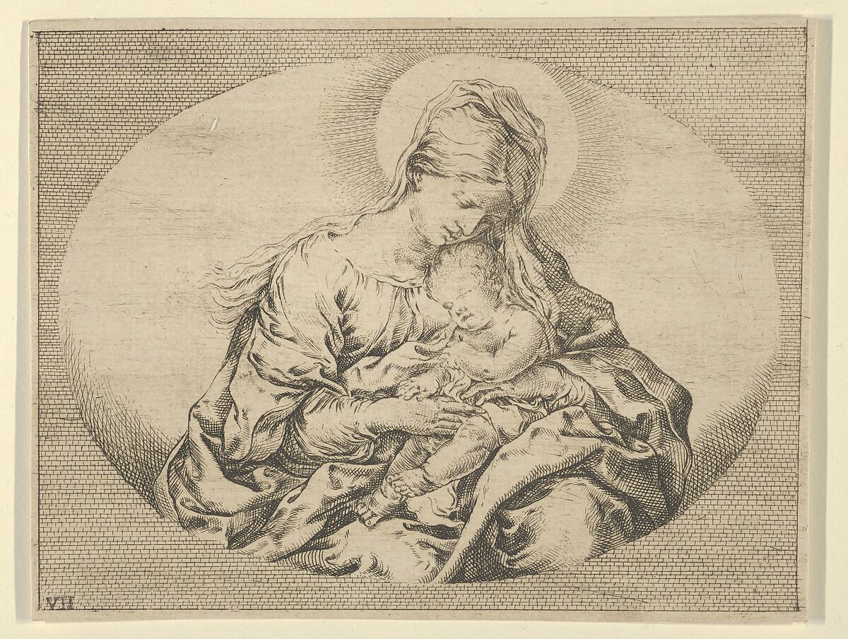 The Virgin holding the infant Christ, an oval composition, after Reni, Anonymous, 17th century, Etching 