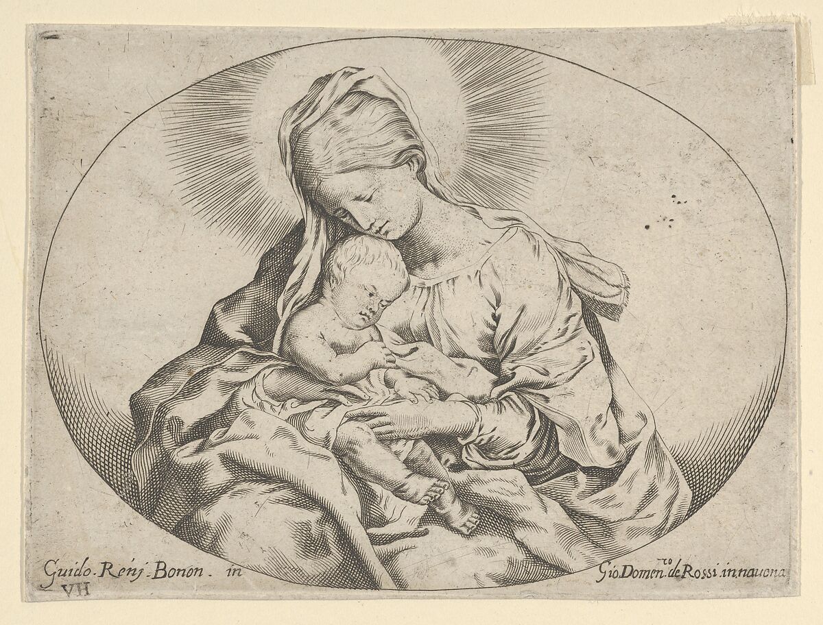 The Virgin holding the infant Christ, an oval composition, after Reni, Anonymous, 17th century, Etching 