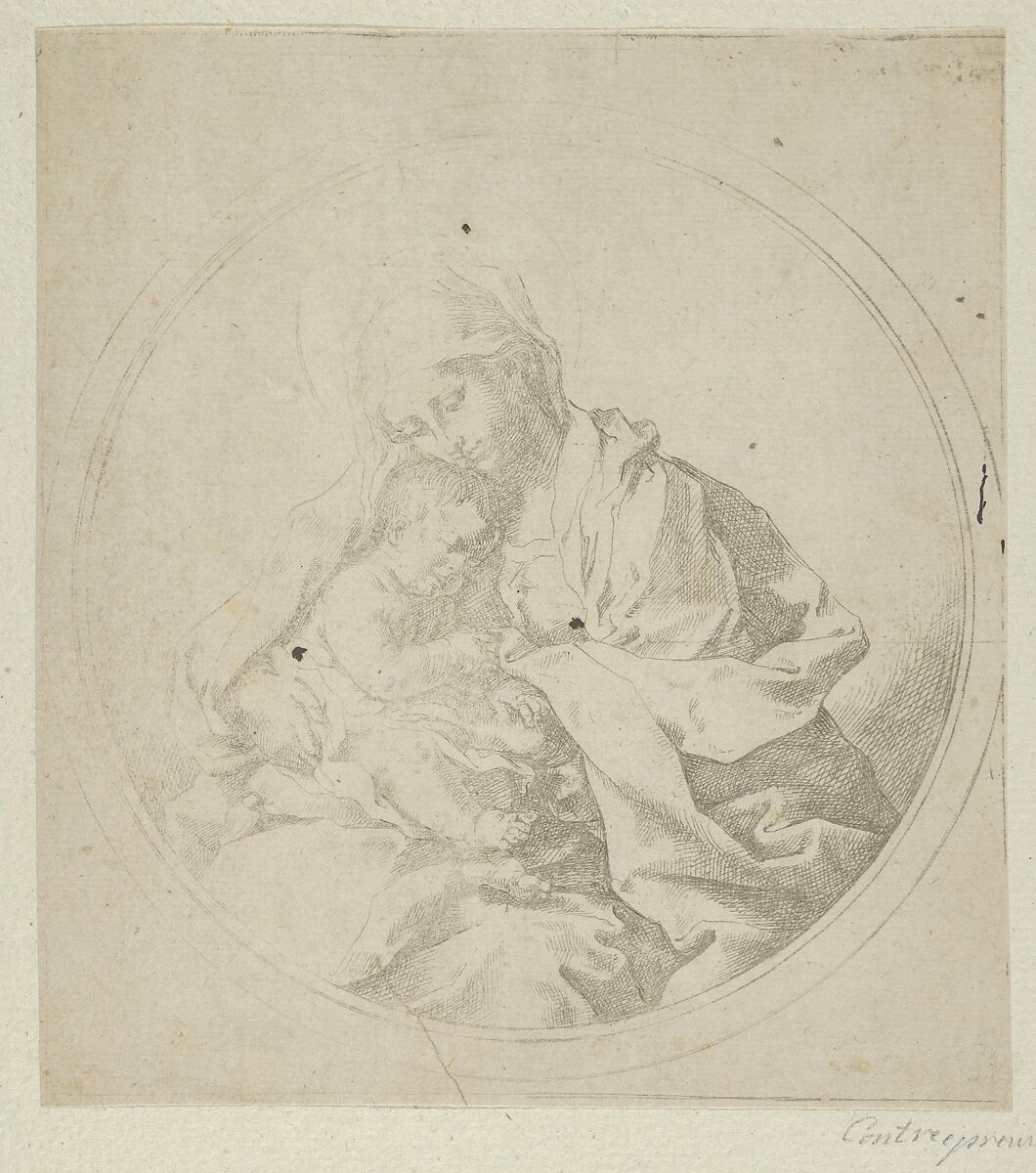 The Virgin holding the infant Christ, a circular composition, counterproof, Guido Reni (Italian, Bologna 1575–1642 Bologna), Etching; counterproof 