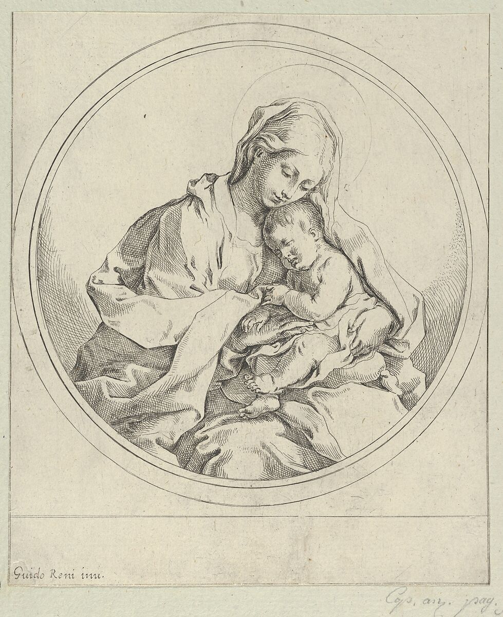 The Virgin holding the infant Christ, a circular composition, after Reni, Anonymous, 17th century, Etching 