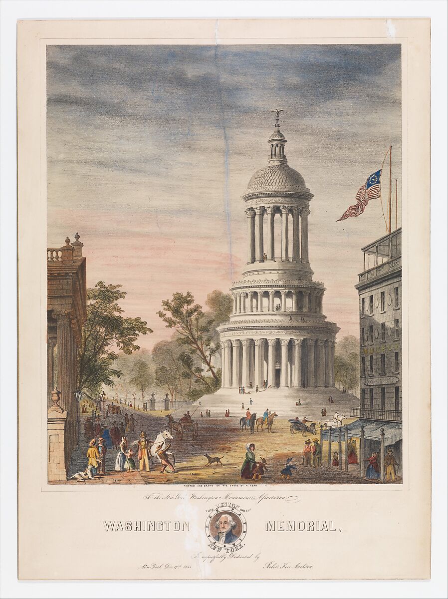 Design for the Washington Memorial, New York, Designed by Robert Kerr (British, Aberdeen, Scotland 1823–1904 London), Hand-colored lithograph 