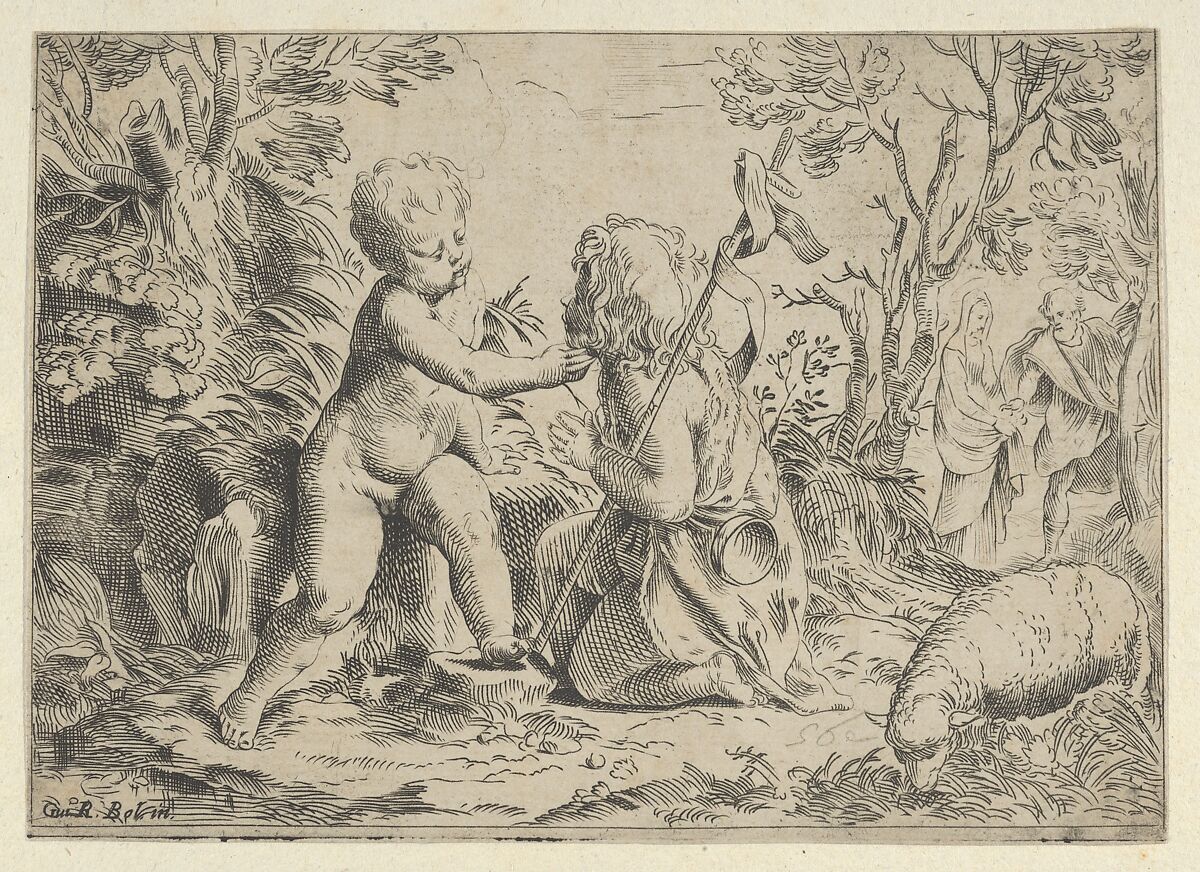Young Saint John the Baptist kneeling before the infant Christ who caresses his face, the Virgin and Joseph in the background at right, after Reni, Anonymous, 17th century, Etching 
