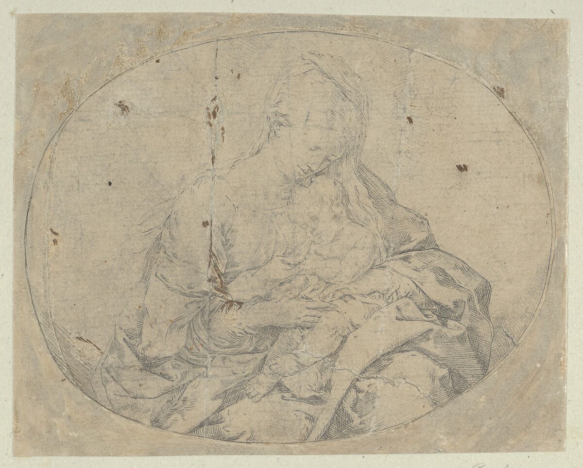 The Virgin holding the infant Christ, an oval composition, counterproof, Guido Reni (Italian, Bologna 1575–1642 Bologna), Etching, counterproof 