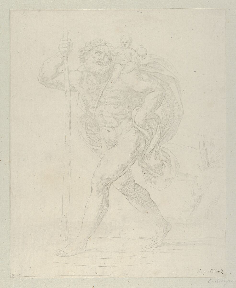 Saint Christopher walking with the infant Christ on his left shoulder, counterproof, Guido Reni (Italian, Bologna 1575–1642 Bologna), Etching, counterproof 