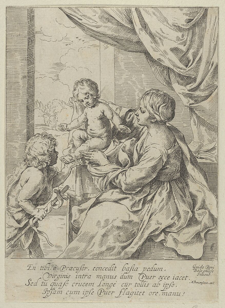 The Virgin and Child at a table with the young John the Baptist, after Reni, Anonymous, 17th century, Etching 