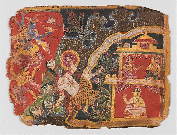 "In Attacking Narada’s Fortress at Progjyotishpur, Vishnu Slays the Demon General Mura," Folio from the “Palam” or “Scotch Tape" Bhagavata Purana (The Ancient Story of God), Opaque watercolor on paper 