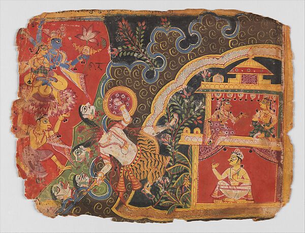 "In Attacking Narada’s Fortress at Progjyotishpur, Vishnu Slays the Demon General Mura," Folio from the “Palam” or “Scotch Tape" Bhagavata Purana (The Ancient Story of God), Opaque watercolor on paper 