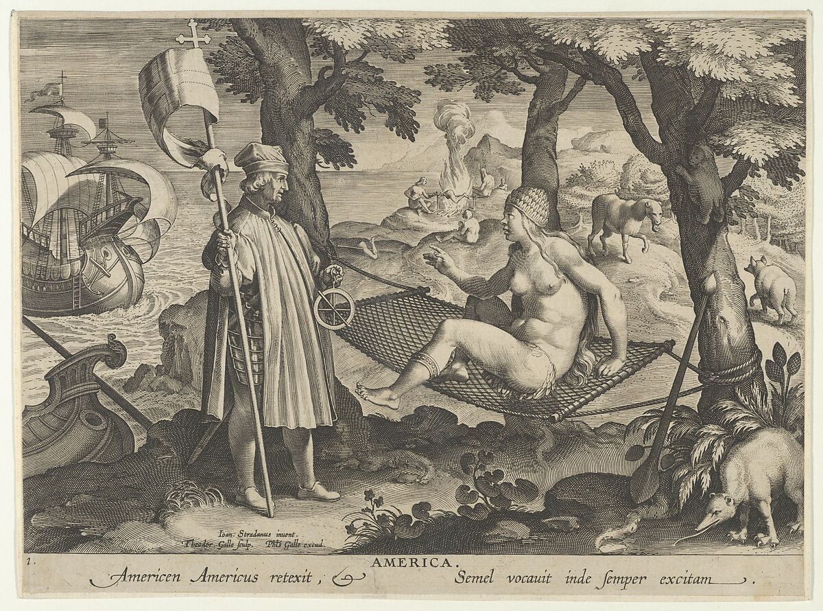 Allegory of America, from New Inventions of Modern Times (Nova Reperta), plate 1 of 19, Theodoor Galle (Netherlandish, Antwerp 1571–1633 Antwerp), Engraving 
