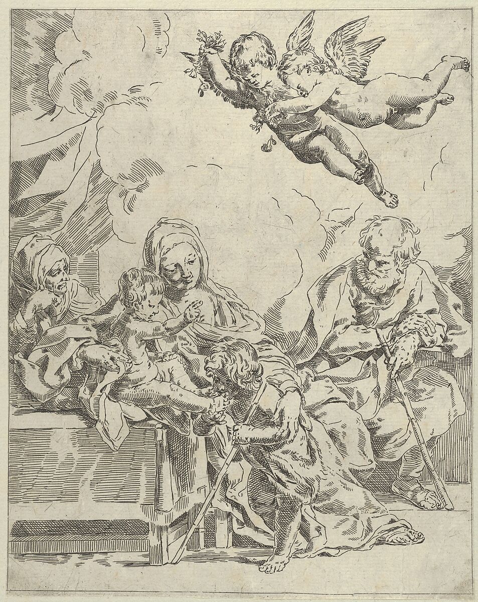 The Holy Family with young John the Baptist and Saint Elizabeth, two angels above, after Reni, Attributed to Flaminio Torre (Torri) (Italian, Bologna 1620–1661 Modena), Etching 