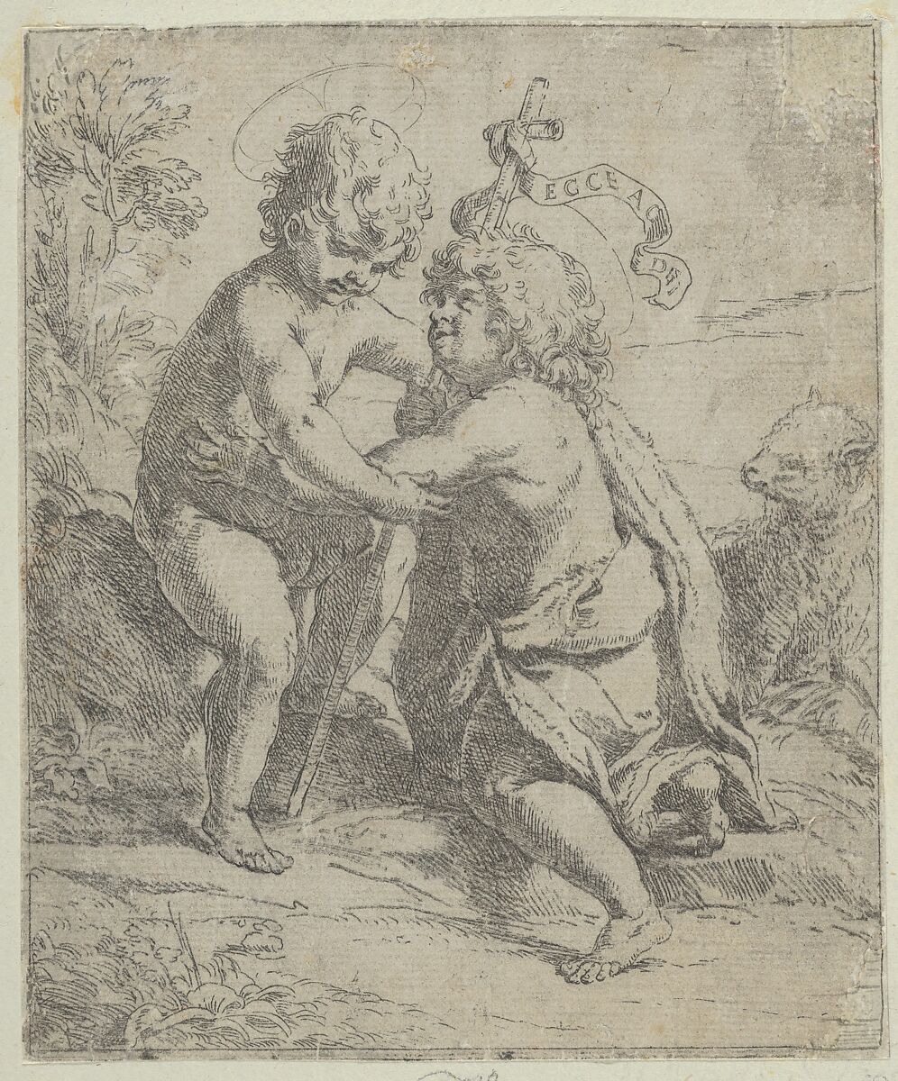 The young Saint John the Baptist kneeling before the young Christ who embraces him, a lamb at right, Guido Reni (Italian, Bologna 1575–1642 Bologna), Etching 