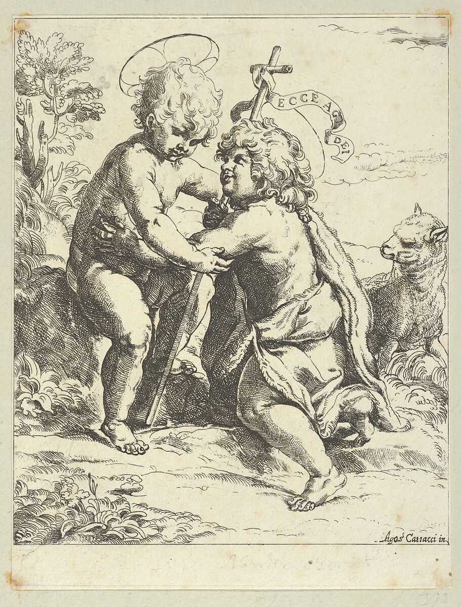 The young Saint John the Baptist kneeling before the young Christ who embraces him, a lamb at right, after Reni, Anonymous, 17th century, Etching 
