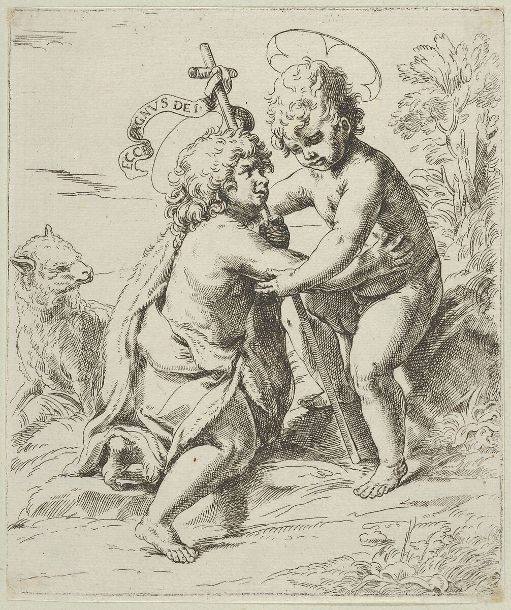 The young Saint John the Baptist kneeling before the young Christ who embraces him, a lamb at left, after Reni, Anonymous, 17th century, Etching 