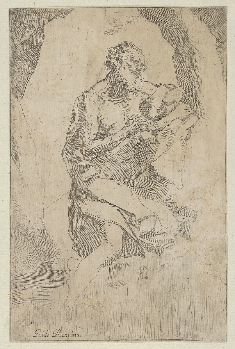 Saint Jerome kneeling on a rock in front of a cross and an open book facing right, after Reni, Anonymous, 17th century, Etching 
