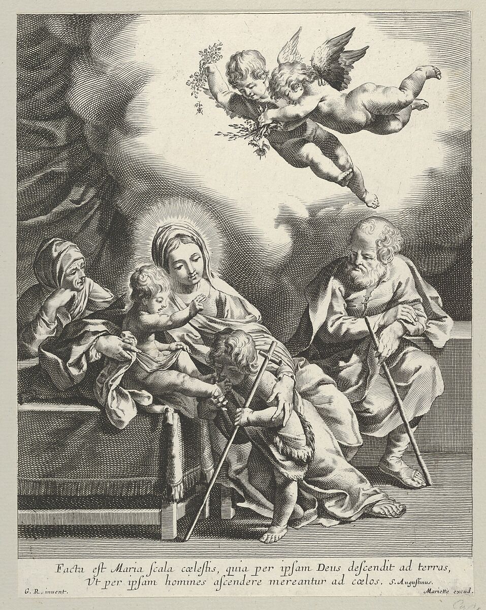 The Holy Family with young John the Baptist and Saint Elizabeth, two angels above, after Reni, Anonymous, 17th century, Engraving 