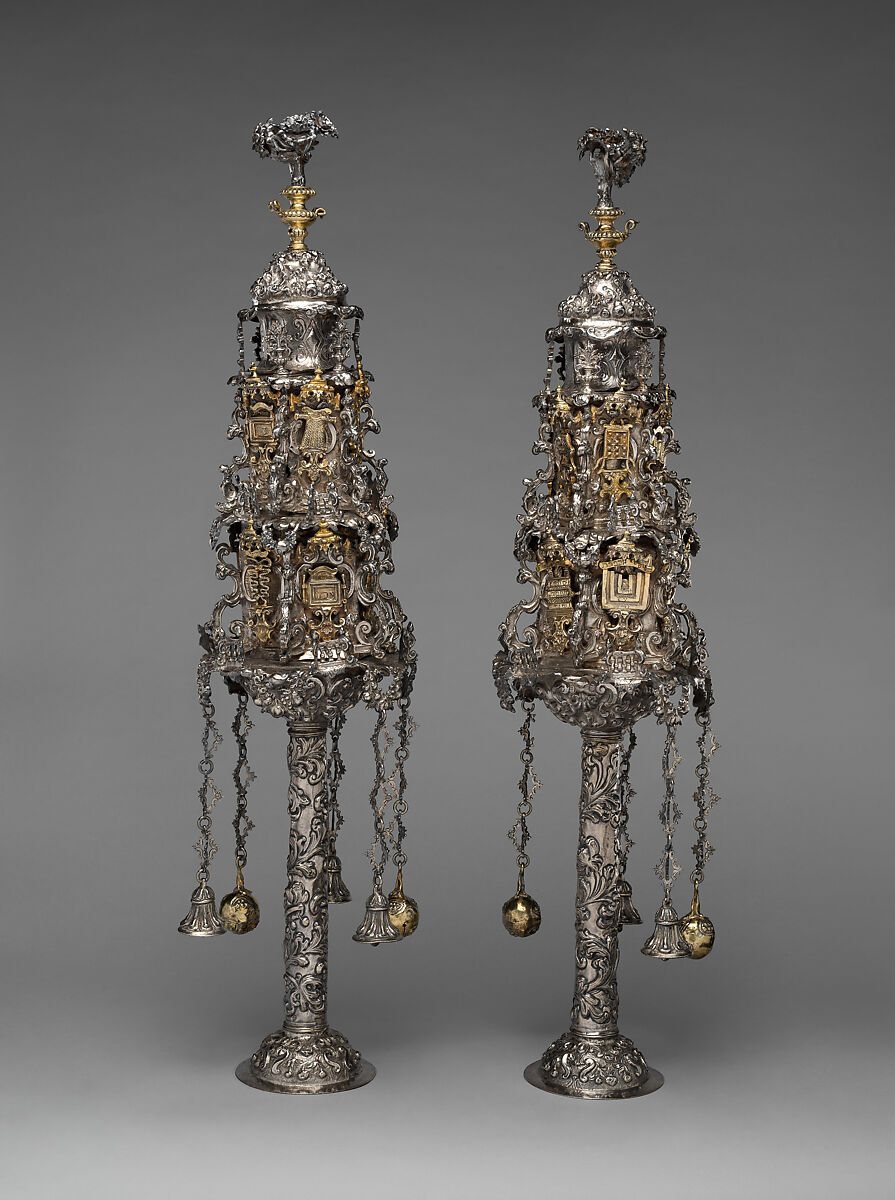 Pair of Torah finials (rimonim), Andrea Zambelli "L'Honnesta" (Italian, active 1732–1772), Parcel-gilt silver, Italian, Venice