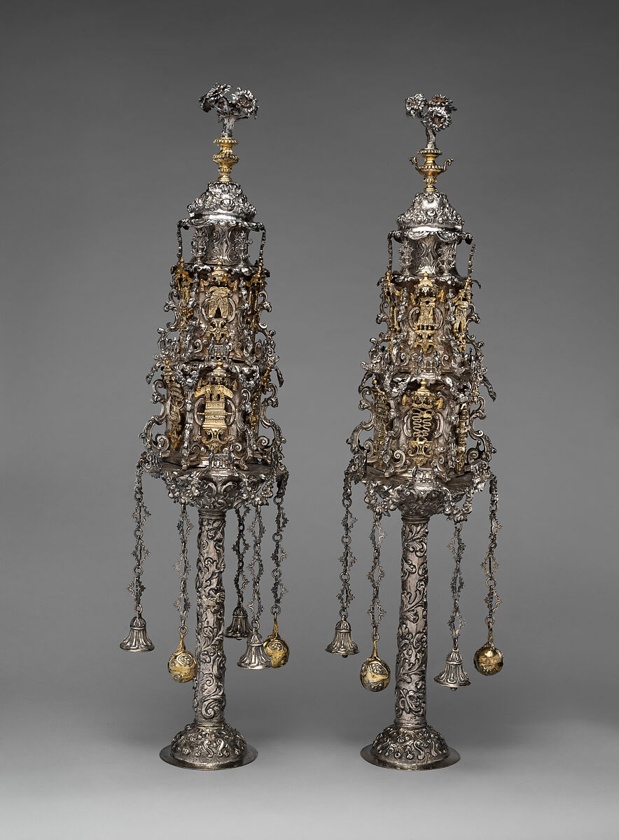 Pair of Torah finials (rimonim), Andrea Zambelli "L&#39;Honnesta" (Italian, active 1732–1772), Parcel-gilt silver, Italian, Venice 