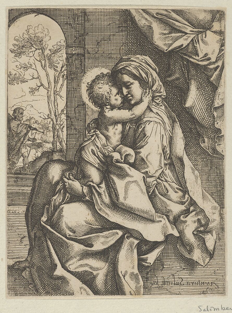 The Virgin seated with the Christ Child on her lap embracing her, Joseph seen through an archway at left, after Reni, Ventura Salimbeni (Italian, Siena 1568–1613 Siena), Etching 