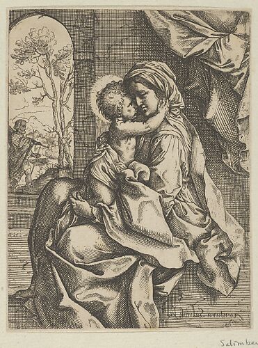 The Virgin seated with the Christ Child on her lap embracing her, Joseph seen through an archway at left, after Reni