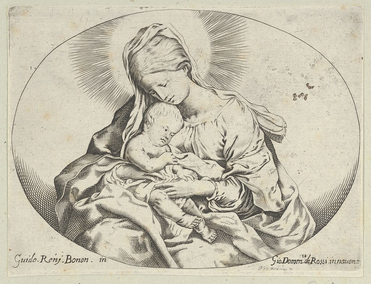 The Virgin holding the infant Christ, an oval composition, after Reni, Anonymous, 17th century, Etching 