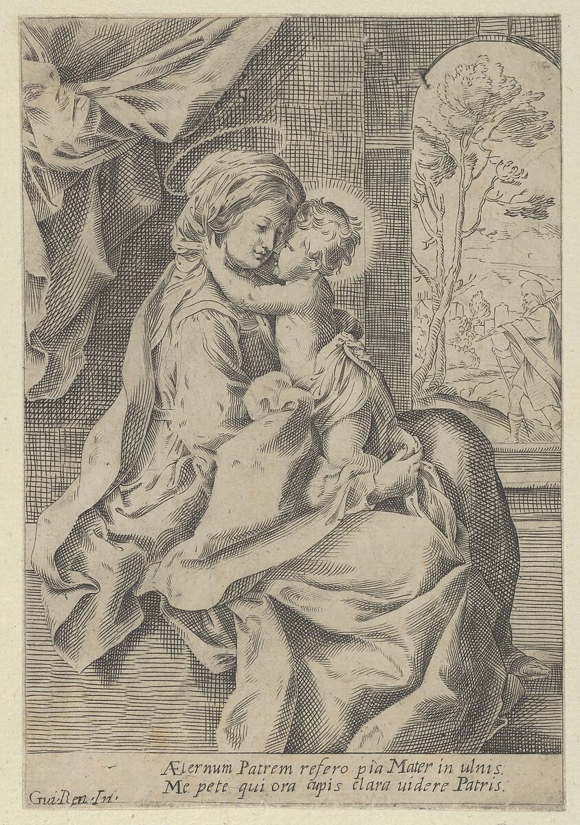 The Virgin seated with the Christ Child on her lap embracing her, St Joseph seen through an archway at right, after Reni, Anonymous, 17th century, Etching 