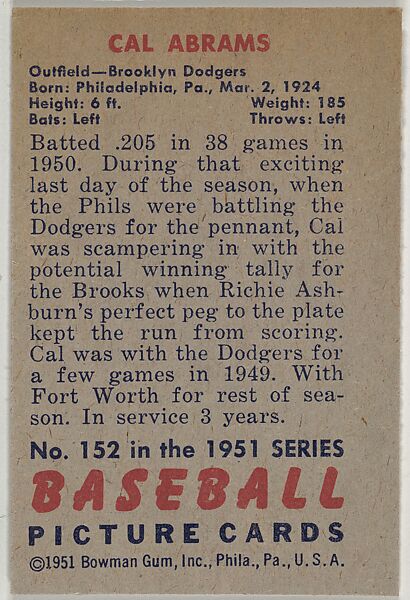 Cal Abrams, Outfield, Brooklyn Dodgers, from Picture Cards, series 5 (R406-5) issued by Bowman Gum, Issued by Bowman Gum Company, Commercial color lithograph