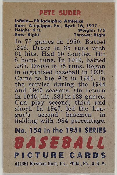 Pete Suder, Infield, Philadelphia Athletics, from Picture Cards, series 5 (R406-5) issued by Bowman Gum, Issued by Bowman Gum Company, Commercial color lithograph