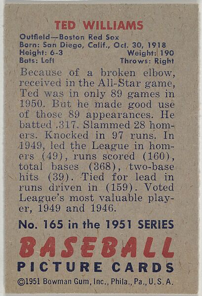 Ted Williams, Outfield, Boston Red Sox, from Picture Cards, series 5 (R406-5) issued by Bowman Gum, Issued by Bowman Gum Company, Commercial color lithograph
