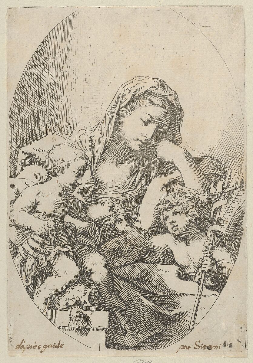 The Virgin with the Christ Child and the young Saint John the Baptist holding a bird at right, an oval composition, Attributed to Lorenzo Loli (Italian, Bologna ca. 1612–1691 Bologna), Etching 