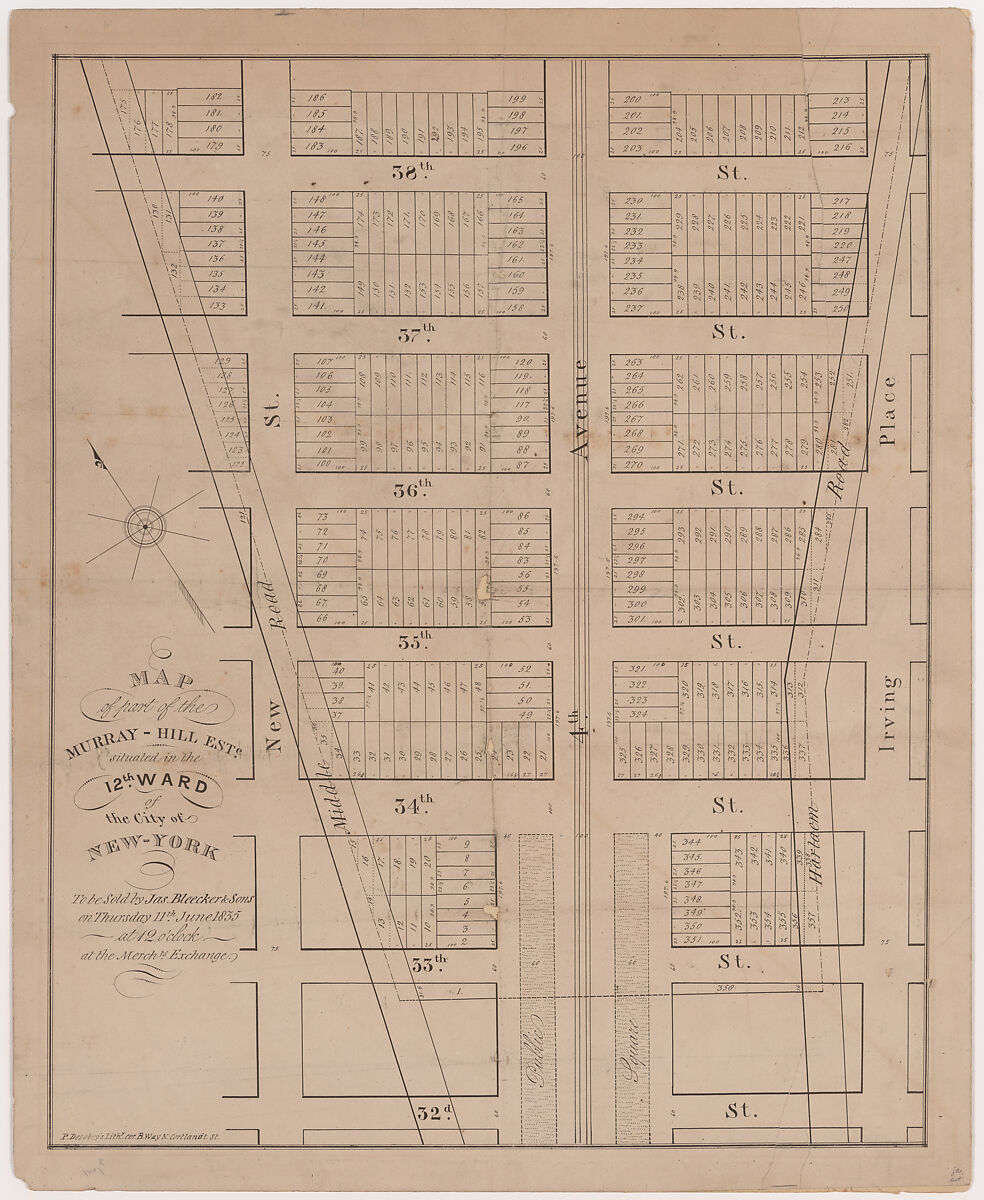 Map of part of the Murray-Hill Estate, Situated in the 12th Ward of the City of New York, to be sold by James Bleecker & Sons on Thursday 11th June 1835, at 12 o'clock, at the Merchant's Exchange, Prosper Desobry (American, active New York, 1824–44), Lithograph 