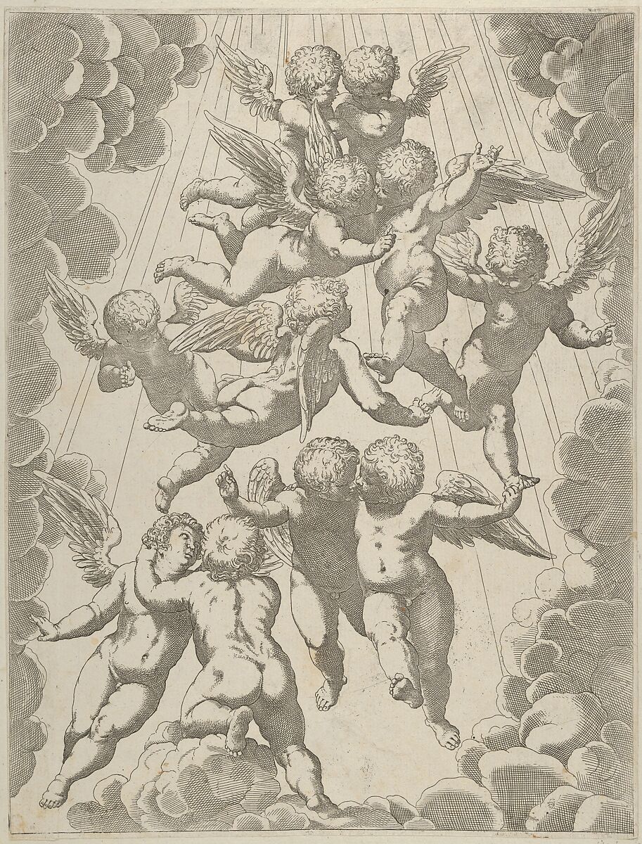 A group of angels embracing in flight, framed by clouds, after Reni, Anonymous, 17th century, Etching 