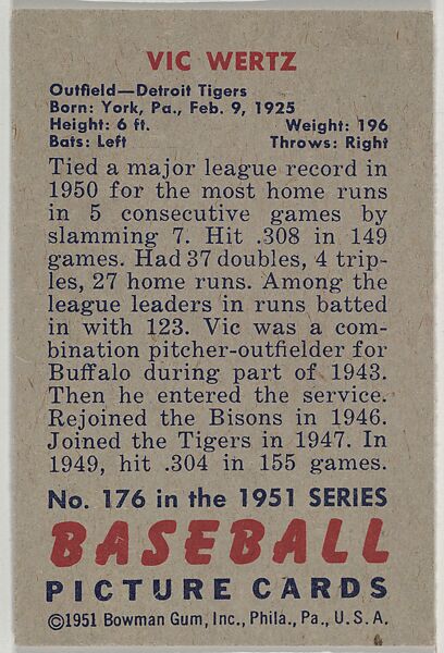Vic Wertz, Outfield, Detroit Tigers, from Picture Cards, series 5 (R406-5) issued by Bowman Gum, Issued by Bowman Gum Company, Commercial color lithograph