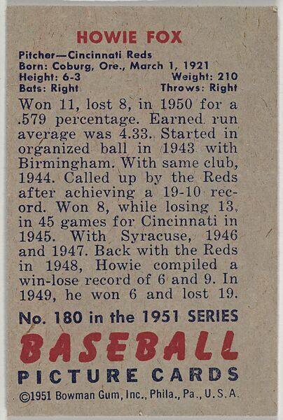 Howie Fox, Pitcher, Cincinnati Reds, from Picture Cards, series 5 (R406-5) issued by Bowman Gum, Issued by Bowman Gum Company, Commercial color lithograph