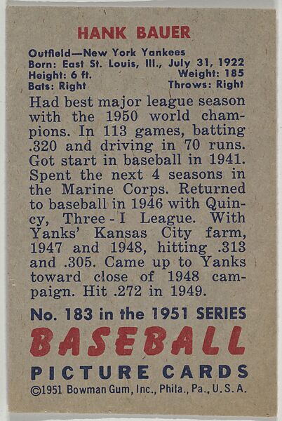 Hank Bauer, Outfield, New York Yankees, from Picture Cards, series 5 (R406-5) issued by Bowman Gum, Issued by Bowman Gum Company, Commercial color lithograph