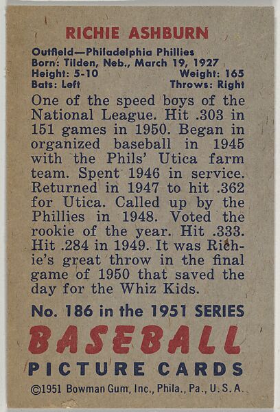 Richie Ashburn, Outfield, Philadelphia Phillies, from Picture Cards, series 5 (R406-5) issued by Bowman Gum, Issued by Bowman Gum Company, Commercial color lithograph